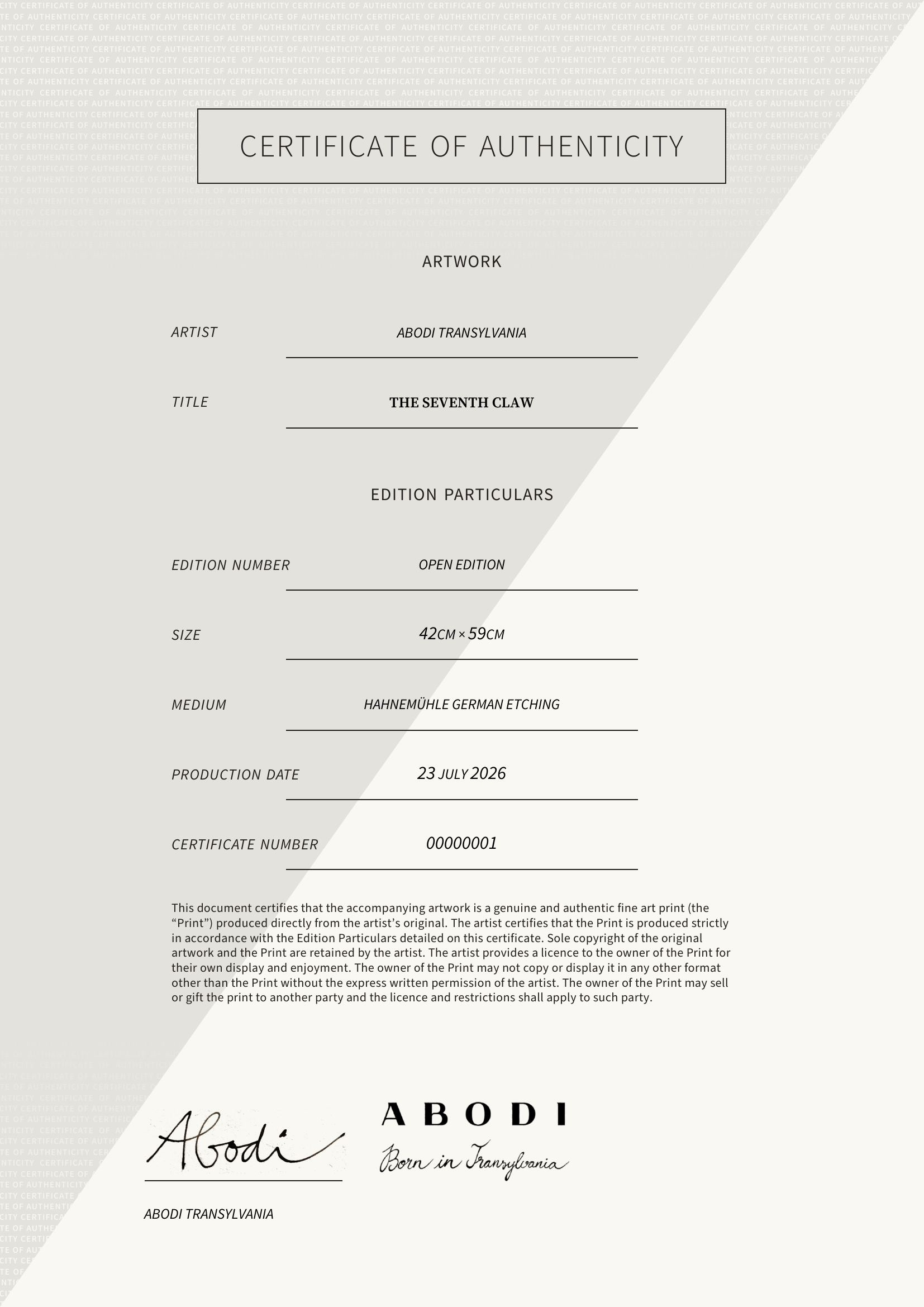The Seventh Claw — Certificate of Authenticity